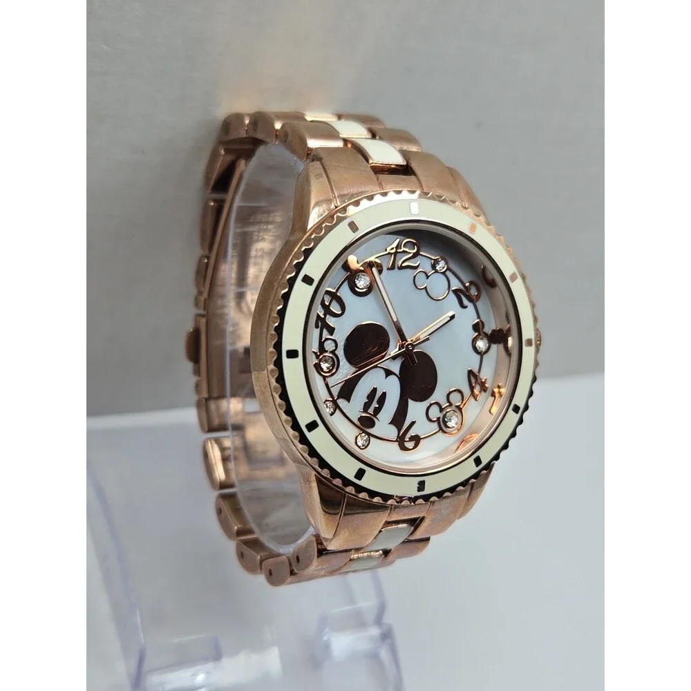 Womens Disney Mickey Mouse Quartz Rose Gold White Crystal Watch New Battery